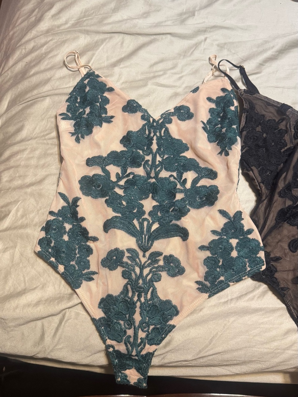 For Love And Lemons Blush Mesh Chemise with Teal Floral Embroidery